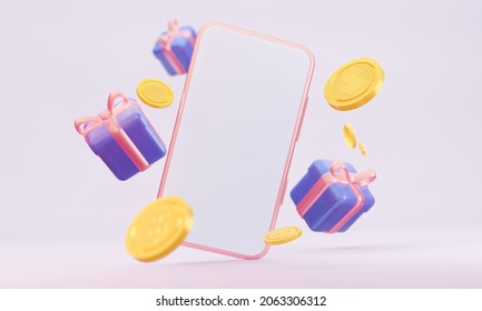 A Mockup Of A Mobile Phone With Gifts And Flying Coins. 3d Rendering.