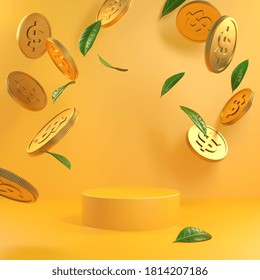 Mockup Modern Minimal Yellow Podium With Gold Coins And Green Leaves Falling Financial Concept Background 3d Render