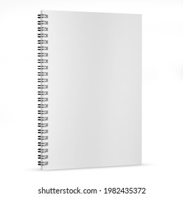 Mockup of notebook isolated on white. White sheets of paper, fastened with a silver spiral. 3d rendering.