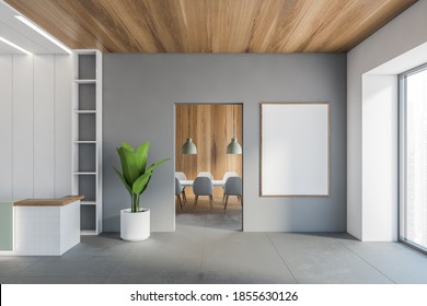 Mockup On Grey Wall Before Meeting Room Near Office Reception Room. Blank Frame In Lobby With Wooden Ceiling And Open Space Conference Room On Background, No People 3D Rendering