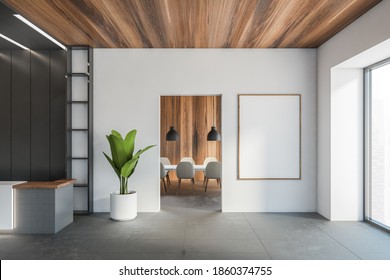 Mockup On White Wall Before Meeting Room Near Office Dark Reception Desk. Blank Frame In Lobby With Wooden Ceiling And Open Space Conference Room On Background, No People 3D Rendering