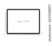 mockup pad device tab white background blank screen front view with drawing pen side position in glass table isolated