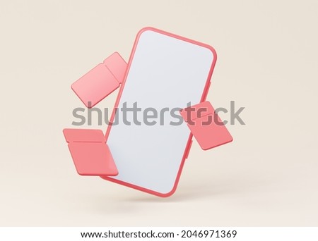 A mockup of a phone with an empty white screen with flying coupons. 3d rendering.