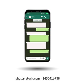 Mockup Of Phone With Mobile Messenger On Screen, Inspired By WhatsApp And Other Similar Apps. Modern Design. Illustration. .