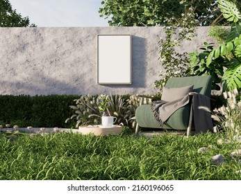 Mockup Photo Frame On The Wall With Concrete For Outdoor Living Area.3d Rendering