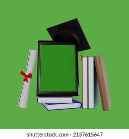 Mockup Photo Frames For Graduation Congratulations With Books And Gowns Isolated On Green Background, 3D Render Illustration