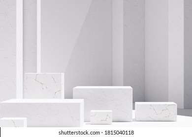 Mockup Podium For Branding And Packaging Presentation. Cosmetic And Fashion. Minimal Geometric Shapes With Marble Stone Texture. Natural Beauty Pedestal In Sunlight. 3d Render. 3d Illustration.