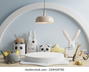 Mockup Podium For Product In Children Room On Blue Wall.3d Rendering