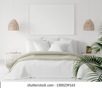 Mock-up poster frame in bedroom, Scandinavian style, 3d render