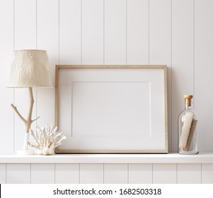 Mockup Poster Frame Close Up In Coastal Style Home Interior, 3d Render