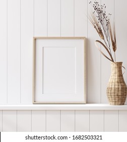 Mockup Poster Frame Close Up In Coastal Style Home Interior, 3d Render