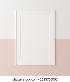 Mockup poster  frame close up on wall painted white and pastel pink color, 3d render