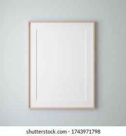 Mockup Poster Frame Close Up On Wall Painted Pastel Blue Color, 3d Render