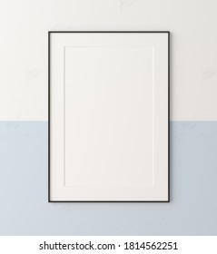 Mockup Poster Frame Close Up On Wall Painted White And Pastel Blue Color, 3d Render