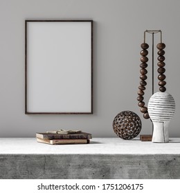 Mockup Poster Frame With Ethnic Decor Close Up In Loft Interior, 3d Render