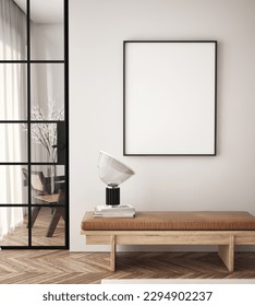 Mockup poster frame on the wall of living room. Luxurious apartment background with contemporary design. Modern interior design. 3D render, 3D illustration