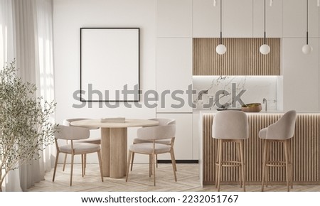 Mockup poster frame on the wall of living room with kitchen and dining room. Luxurious apartment background with contemporary design. Modern interior design. 3D render, 3D illustration.