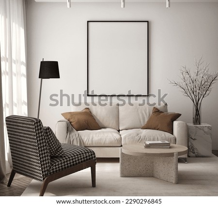 Mockup poster frame on the wall of living room. Luxurious apartment background with contemporary design. Modern interior design. 3D render, 3D illustration.