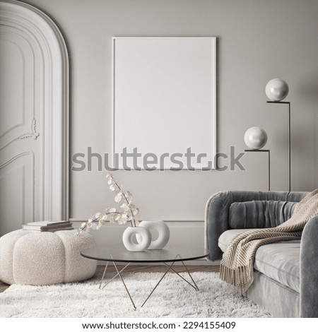 Mockup poster frame on the wall of living room. Luxurious apartment background with contemporary design. Modern interior design. 3D render, 3D illustration