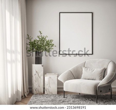 Mockup poster frame on the wall of living room. Luxurious apartment background with contemporary design. Modern interior design. 3D render, 3D illustration