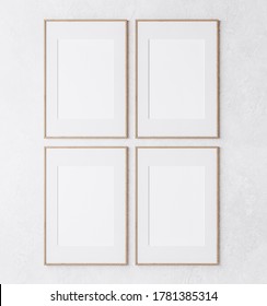 Mockup Poster Frame On White Wall, Four Wooden Frame, 3d Render, 3d Illustration