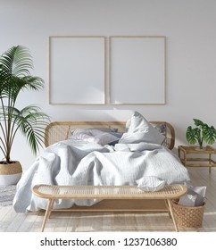 Mock-up poster frame in Scandinavian bedroom, Bohemian style, 3d render