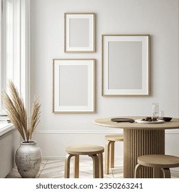 Mockup poster frames on the wall of dinning room. Interior mockup. Apartment background. Modern japandi interior design. 3D render