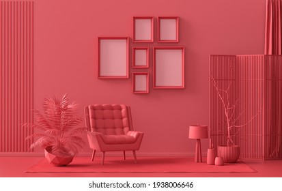 Mock-up poster gallery wall with six frames in solid pastel dark red, maroon room with furnitures and plants, 3d Rendering, poster or picture presentation