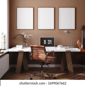 Mockup Poster In Home Interior Background, Home Office, 3d Render