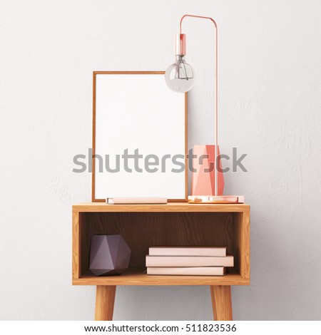 Mockup poster in the interior with a table in trendy colors. 3d