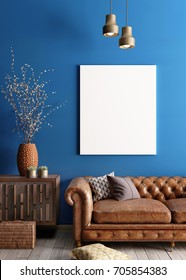 Mockup Poster In Retro Interior, Blue With Brown, Sofa, Chandelier, Commode. 3D Render.