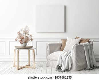 Mockup Poster Square Frame On The Wall In Living Room Interior With Armchair, 3d Render, 3d Illustration