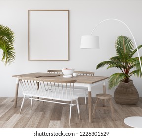 Mock-up Poster In Tropical Living Room Background,Scandi-boho Style, 3d Render