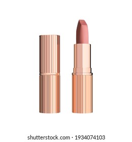 Mockup Of Realistic Sexy Nude Lipstick. Decorative Cosmetic Product For Glamorous Lips. Makeup Lip Gloss In A Stick.Gold Container Template.