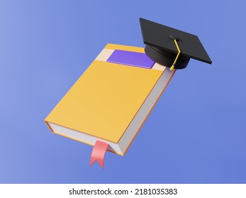 Mockup Red Mark Orange Book And Graduation Cap Floating On Pastel Background With Book Learning School, Online Education Concept. Minimal Cartoon Cute Smooth, Website. 3d Render Illustration