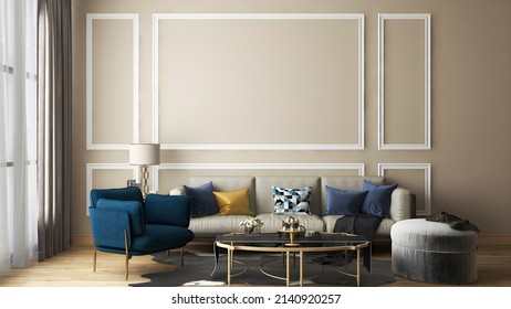 Mockup Room In Luxury Living Room With Khaki Molding Wall And Luxury Sofa Set.3d Illustration. 3d Rendering	
