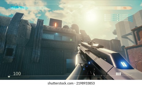 Mock-up Of The Sci-Fi First Person Shooter. 3D Game Playthrough, FPS With Gun On A Spaceship, War Against Flying Robots Threat. Enjoyable Gaming Experience Concept. Advanced Graphics And Controls.