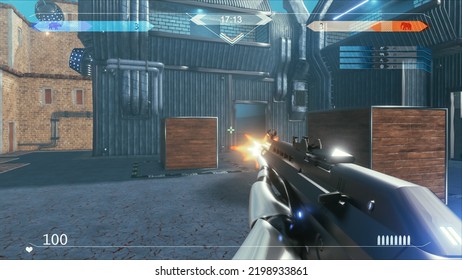 Mock-up Of The Sci-Fi First Person Shooter. 3D Game Playthrough, FPS With Gun On A Spaceship, War Against Flying Robots Threat. Enjoyable Gaming Experience With Advanced Graphics And Controls.