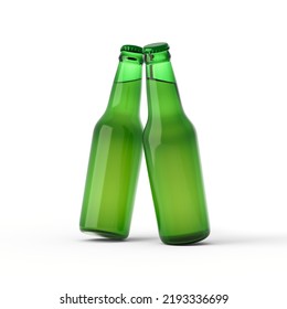 Mockup. Several green glass bottles of 0.33 stand at an angle on a white background. Advertising, presentation, template. 3d illustration, render.