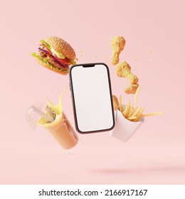 Mockup Smartphone Blank Screen. Online Food Delivery Concept On Pink Background. 3d Rendering