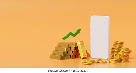 Mockup Of Smartphone With Gold And Golden Coin, 3d Rendering