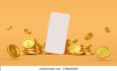 Mockup of smartphone surrounded by golden coin, 3d rendering
