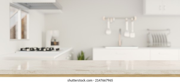 Mockup Space For Montage On Luxury Granite Kitchen Tabletop Over Blurred White Elegance Kitchen Interior In The Background. 3d Rendering, 3d Illustration