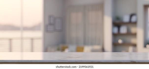 Mockup Space On White Marble Tabletop Over Blurred Modern Contemporary Living Room In The Background. 3d Rendering, 3d Illustration