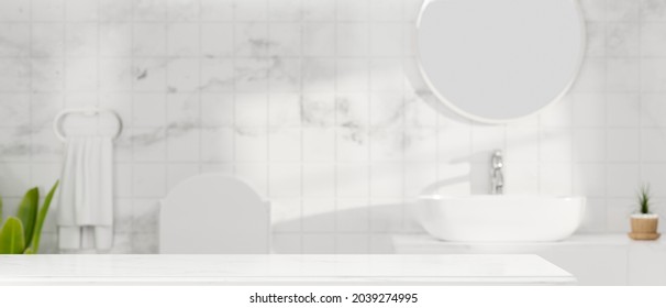 Mock-up space on white tabletop for montage spa or bath products over stylish white marble bathroom in background, 3d rendering, 3d illustration