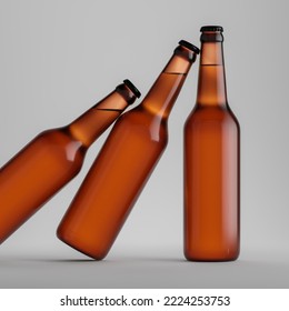 Mockup, template, packaging without a label. 3 brown bottles of beer stand on a white background. 3d render, 3d illustration