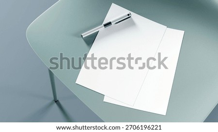 Mockup template of two blank A5 size papers with a pen placed on a chair with a minimalist and modern feel