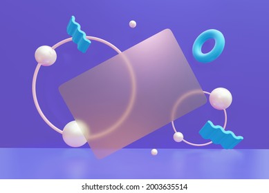 Mockup Transparent Business Card. Glassmorphism Style. With An Abstract Modern Background. 3d Visualized Illustration With Flying Geometric Shapes. 3d Rendering.