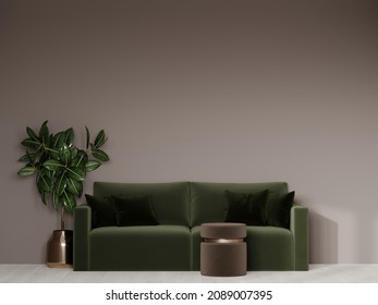 Mockup trending living room in brown-green colors. Olive sofa in velor and round pouf in powdery beige. Gold accents and plant, light floor and blank wall in paint-nice lounge area. 3d rendering