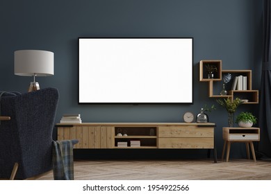 Mockup Tv On Cabinet In Modern Empty Room At Night With Behind The Dark Blue Wall.3d Rendering